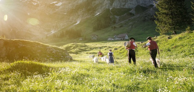 Appenzeller Bauern und Kinder laufen über eine saftige Schweizer Wiese mit Ziegen.